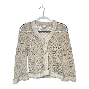 Aqua Crochet Knit Button Cardigan Boho Cottagecore Cream Size L